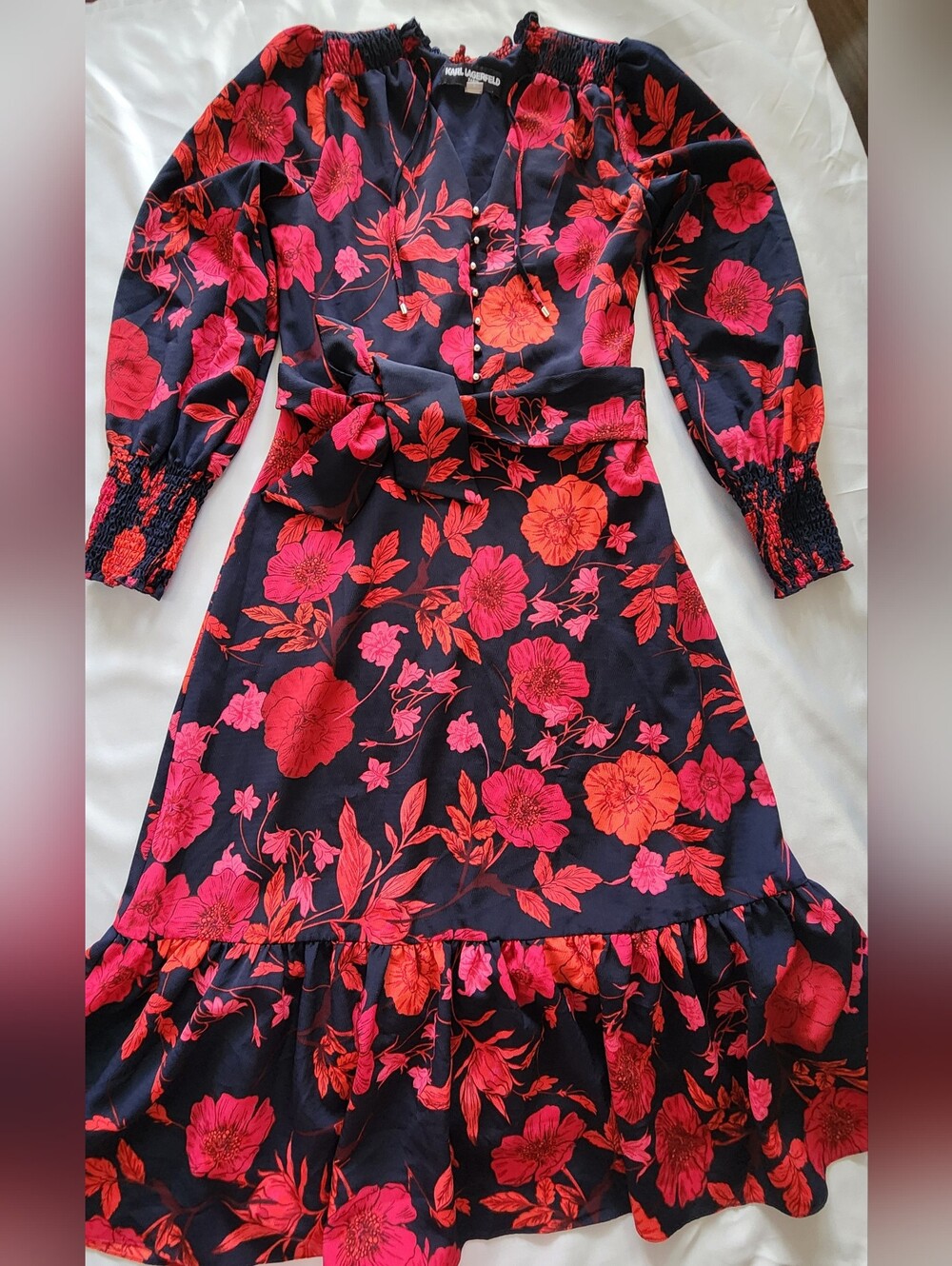 Karl Lagerfeld Paris Long Sleeve Floral Midi Dress with Belt